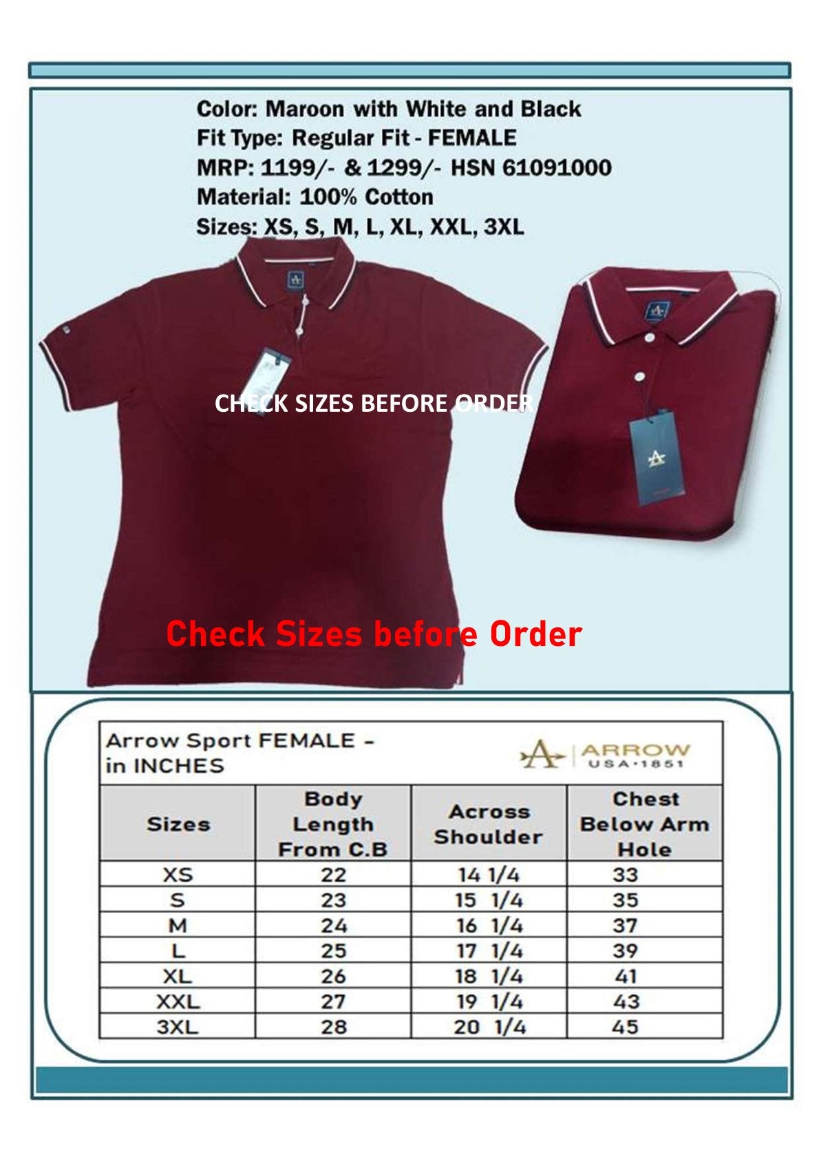 Women Regular Fit - Maroon with White & Black Tip