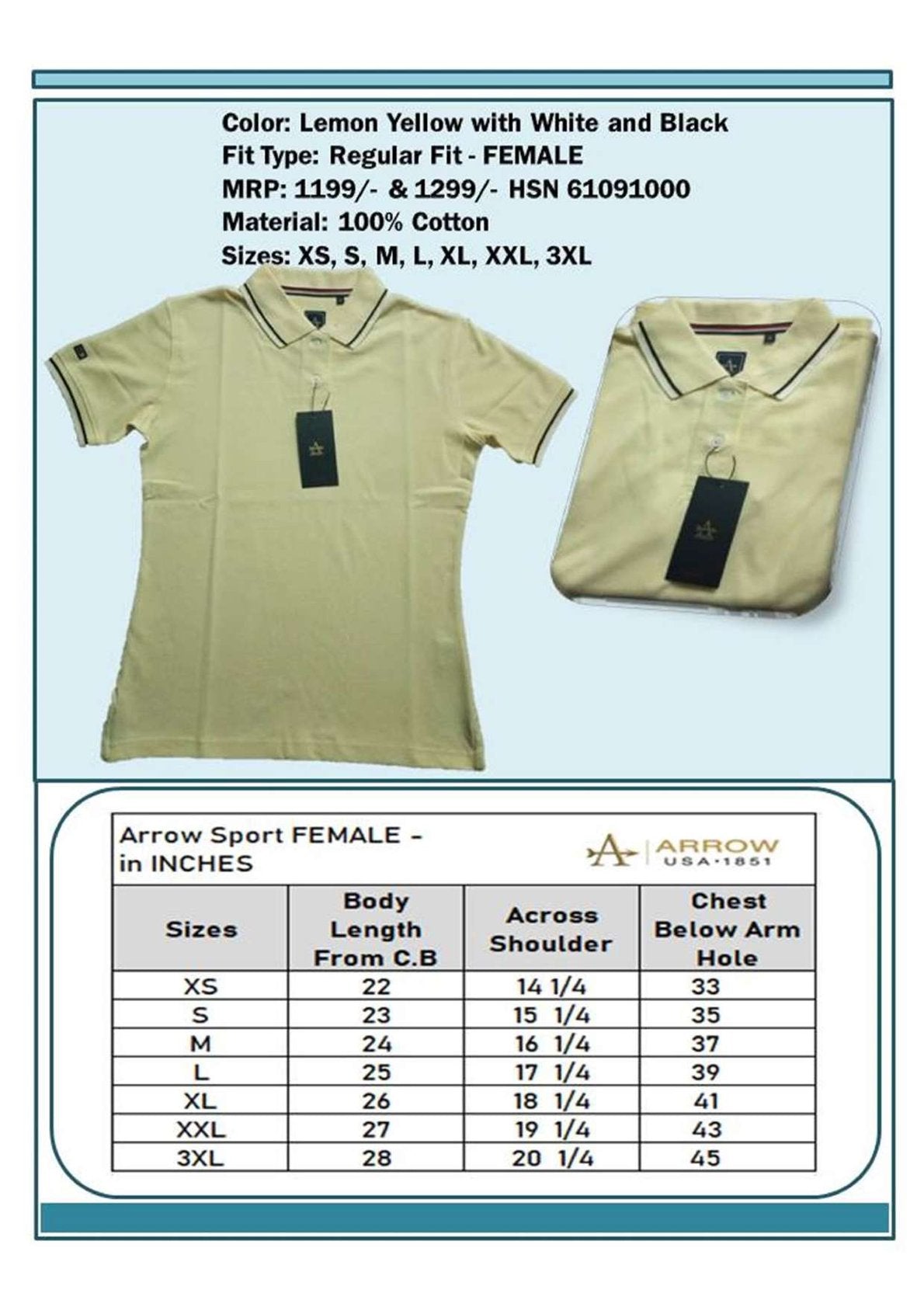 Women Regular Fit - Lemon Yellow with White & Black Tip