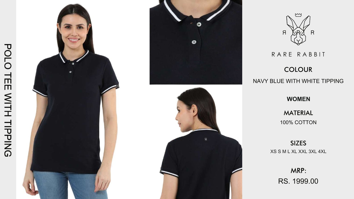 Women Polo Tee with Tipping - Navy Blue