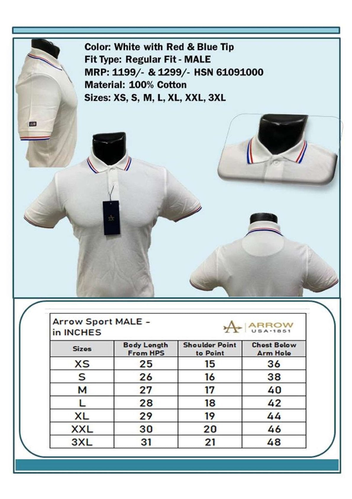 Men Regular Fit - White with Red & Blue Tip