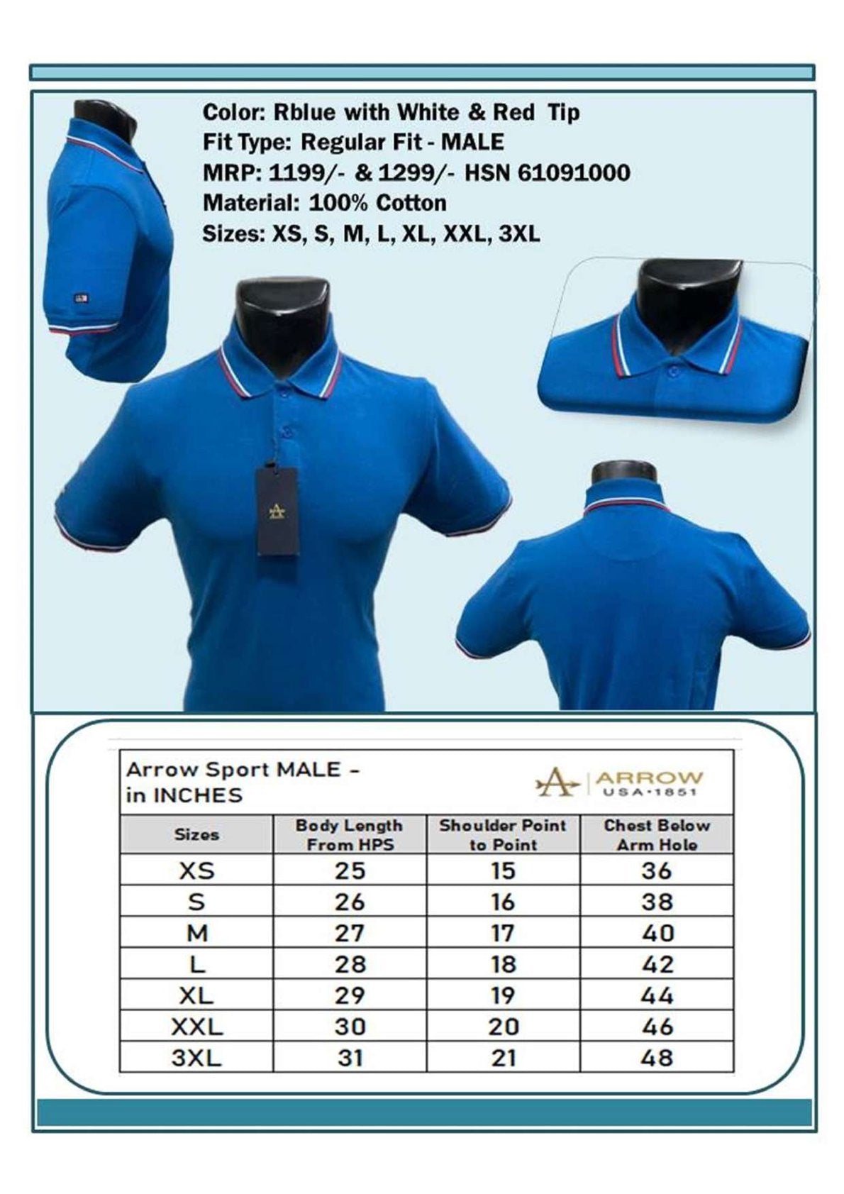 Men Regular Fit - Royal Blue with White & Red Tip