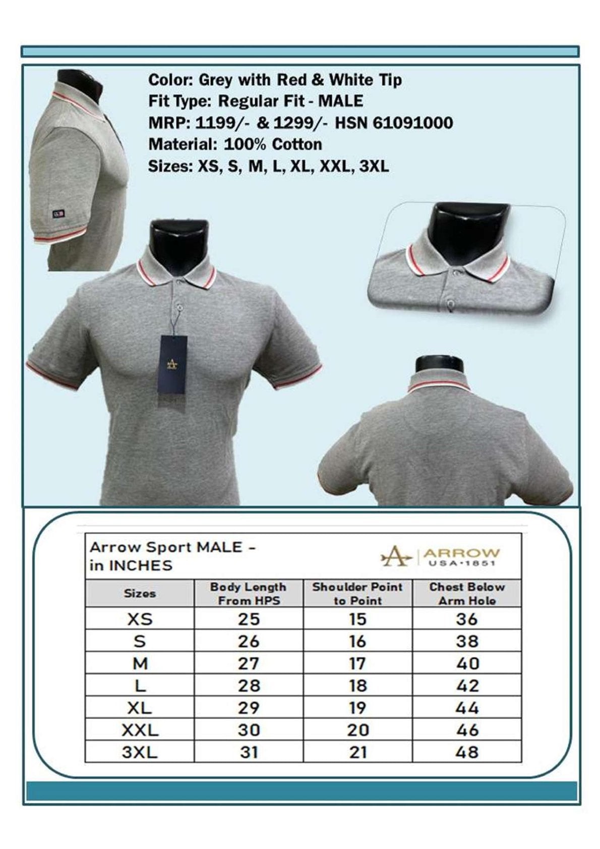 Men Regular Fit - Grey with Red & White Tip