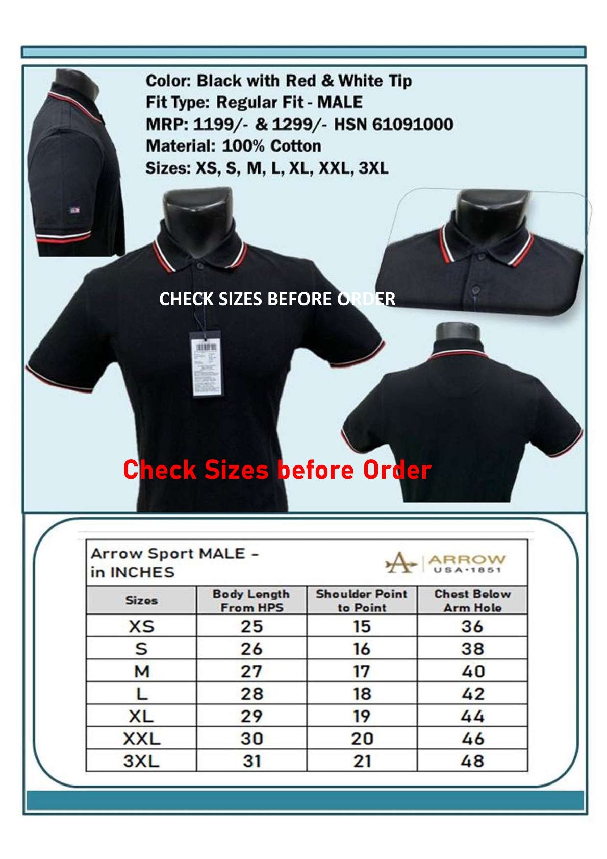 Men Regular Fit - Black with Red & White Tip