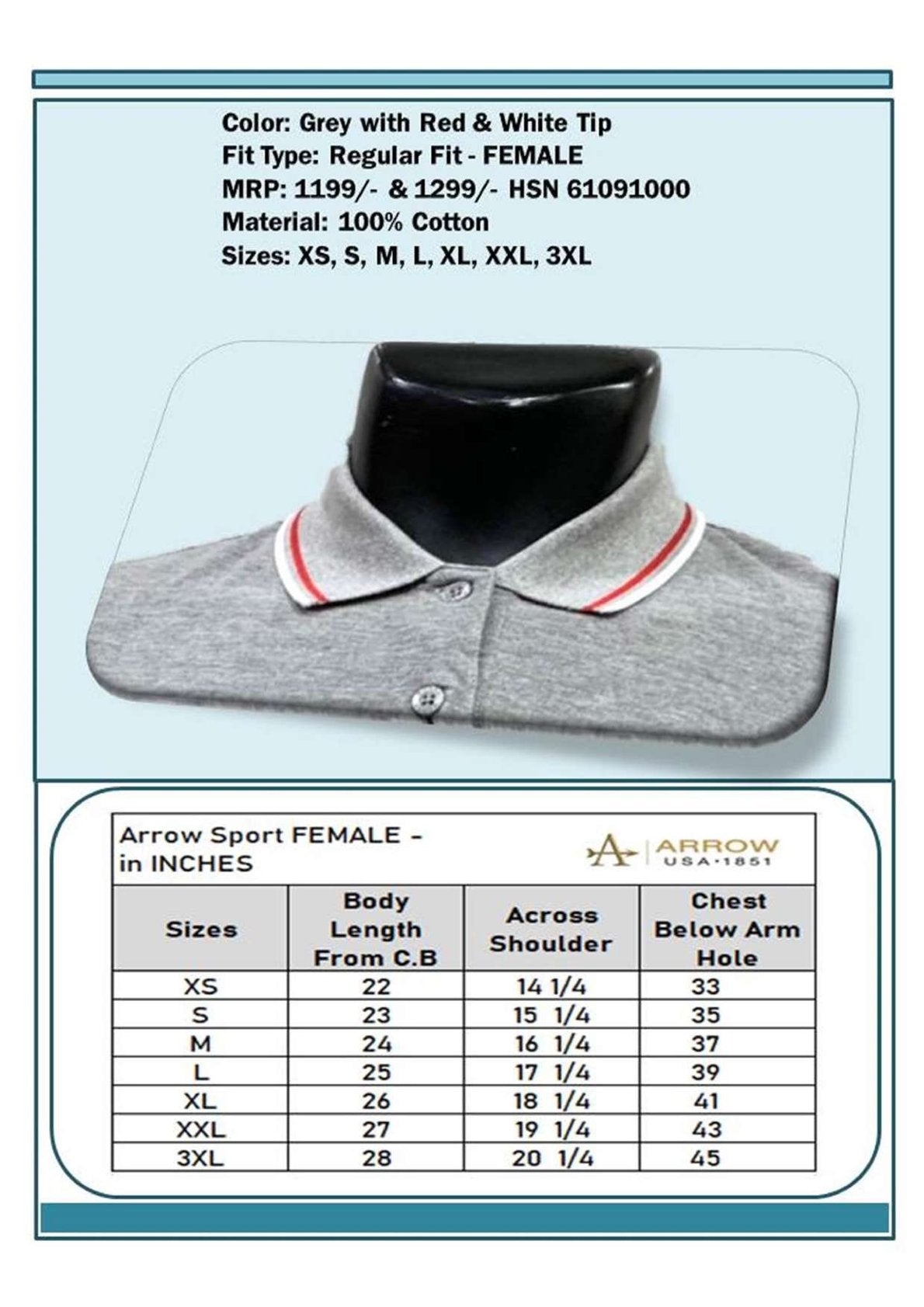 Women Regular Fit - Grey with Red & White Tip