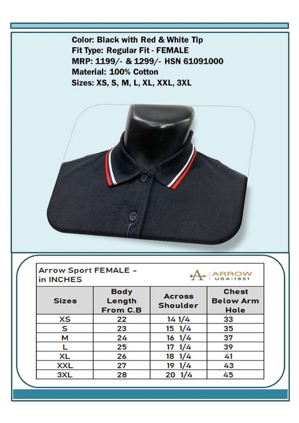 Women Regular Fit - Black with Red & White Tip