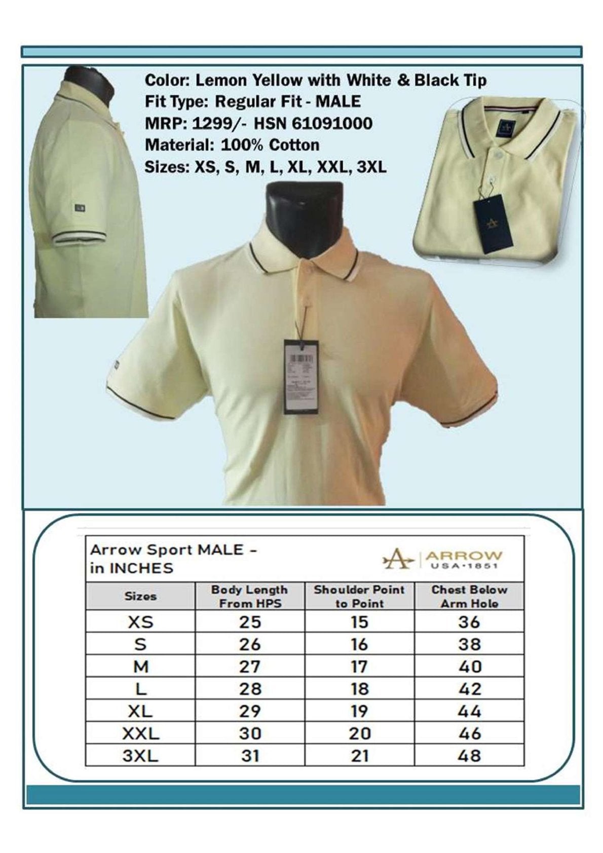 Men Regular Fit - Lemon Yellow with White & Black Tip