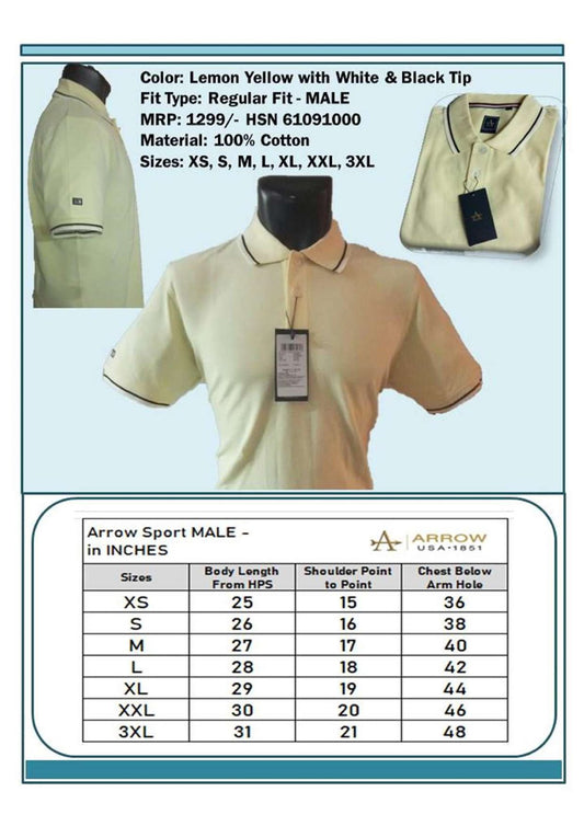 Men Regular Fit - Lemon Yellow with White & Black Tip