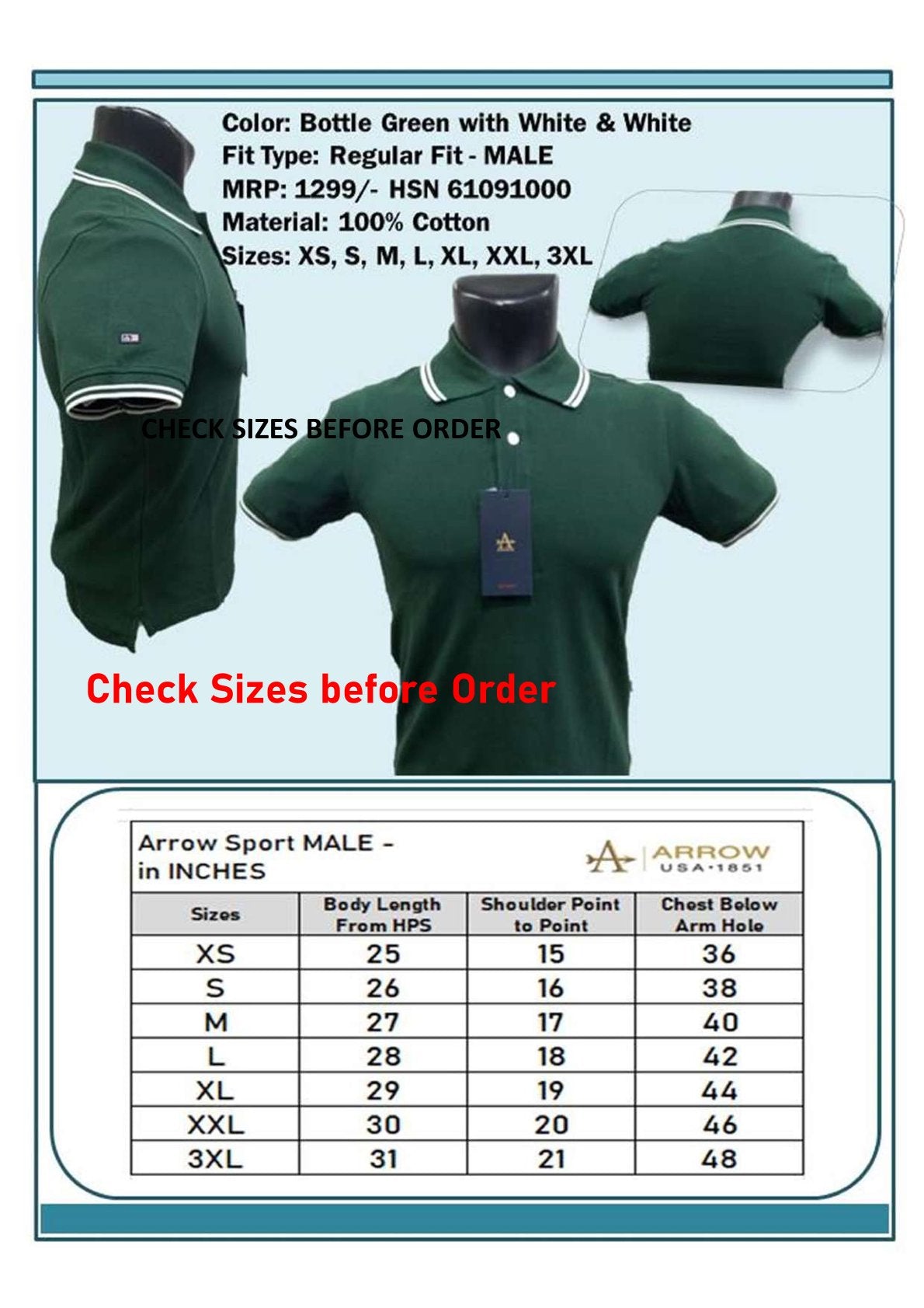 Men Regular Fit -  Bottle Green with White & White Tip