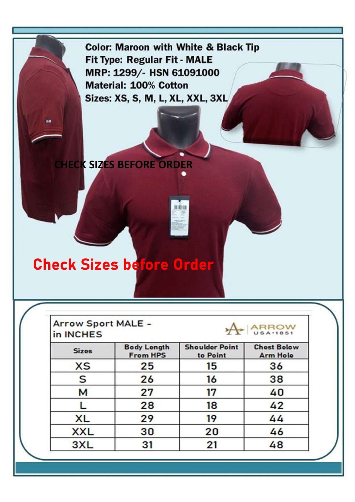 Men Regular Fit -  Maroon with White & Black Tip