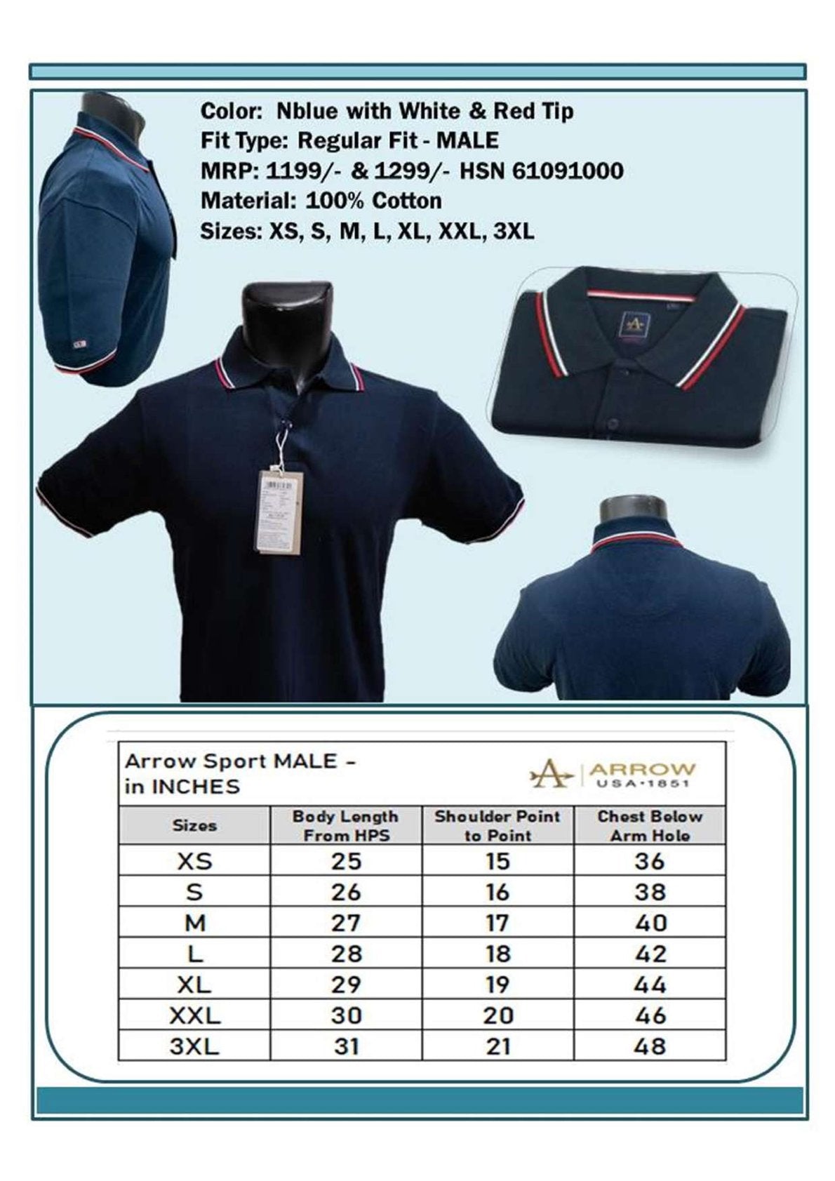 Men Regular Fit -  Navy Blue with White & Red Tip