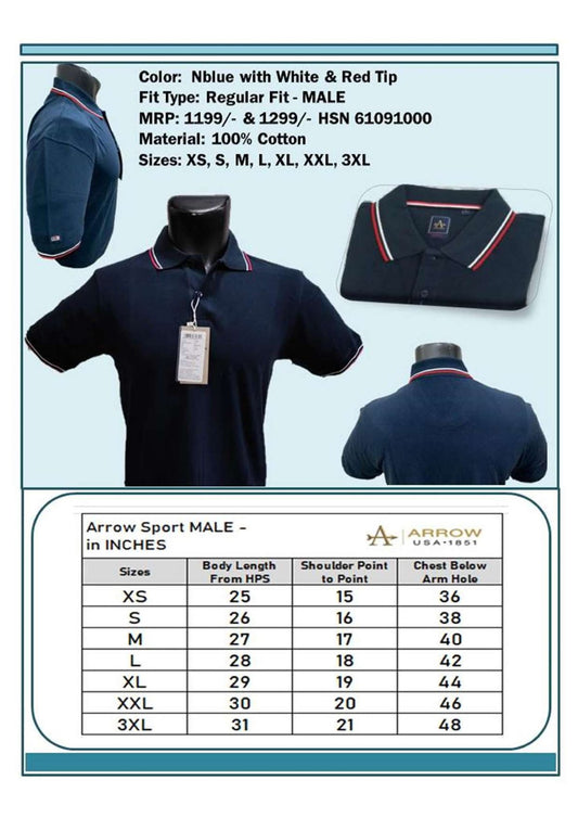 Men Regular Fit -  Navy Blue with White & Red Tip