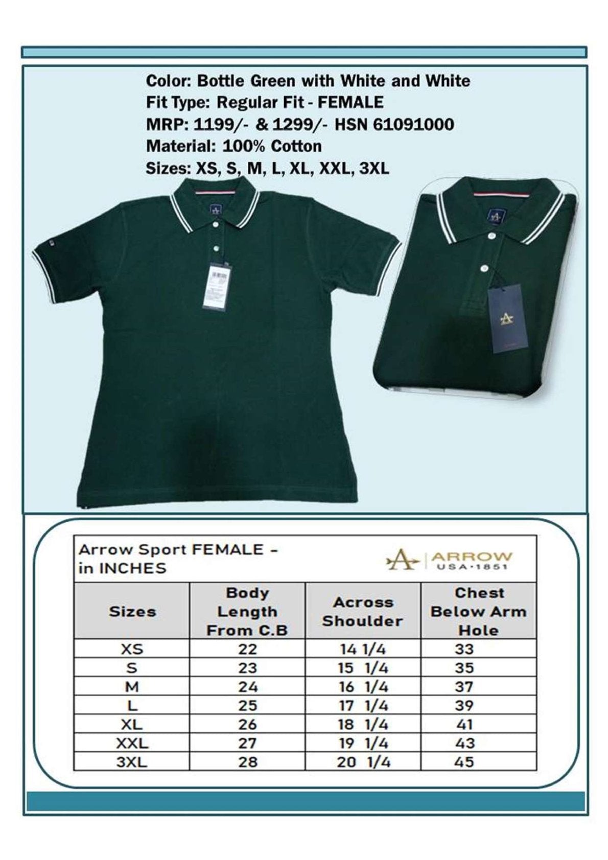 Women Regular Fit -  Bottle Green with White & White Tip